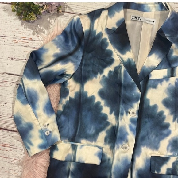 ZARA • Satin Effects Stylish Tie-Dye Blue & White Blazer Jacket - Picture 9 of 15